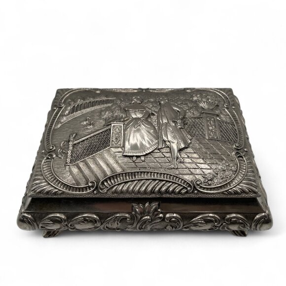 Vintage French Style Footed Jewelry Box Swan Lake Scene Hinged Lid Large Ornate - Picture 2 of 10